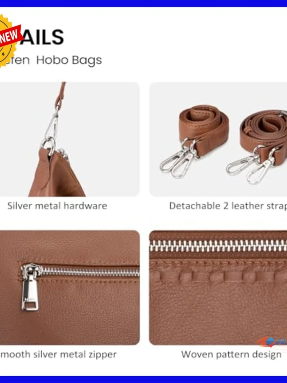 Genuine Leather Hobo Crossbody Bag with Removable Straps, Lightweight